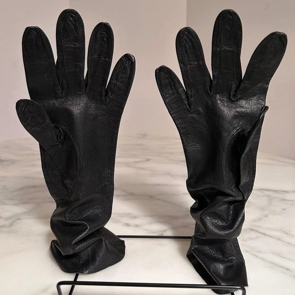Womens Vintage Black Leather Dress Gloves Made in France for Lazarus 1960's
